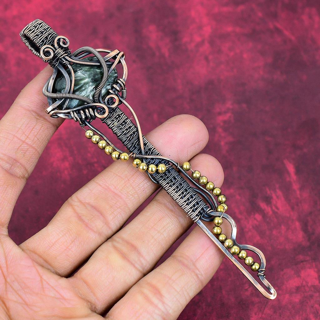 Seraphinite Pendant Copper Wire Wrapped Pendant Key Design Jewelry Genuine Gemstone Pendant Copper Jewelry Gifts for Women Handmade Pendant