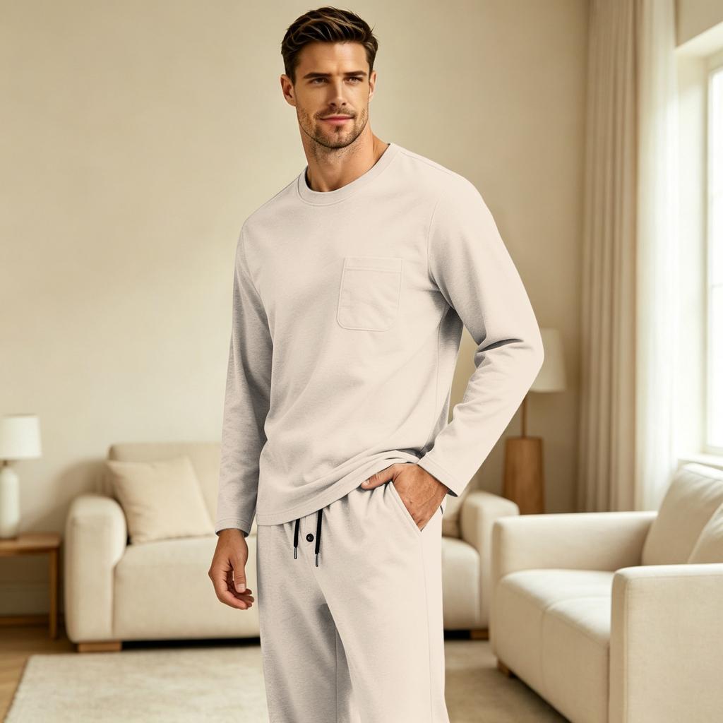 Men's Long Sleeve Pajama Set with Button Fly and Elastic Drawstring Waist for Sleep and