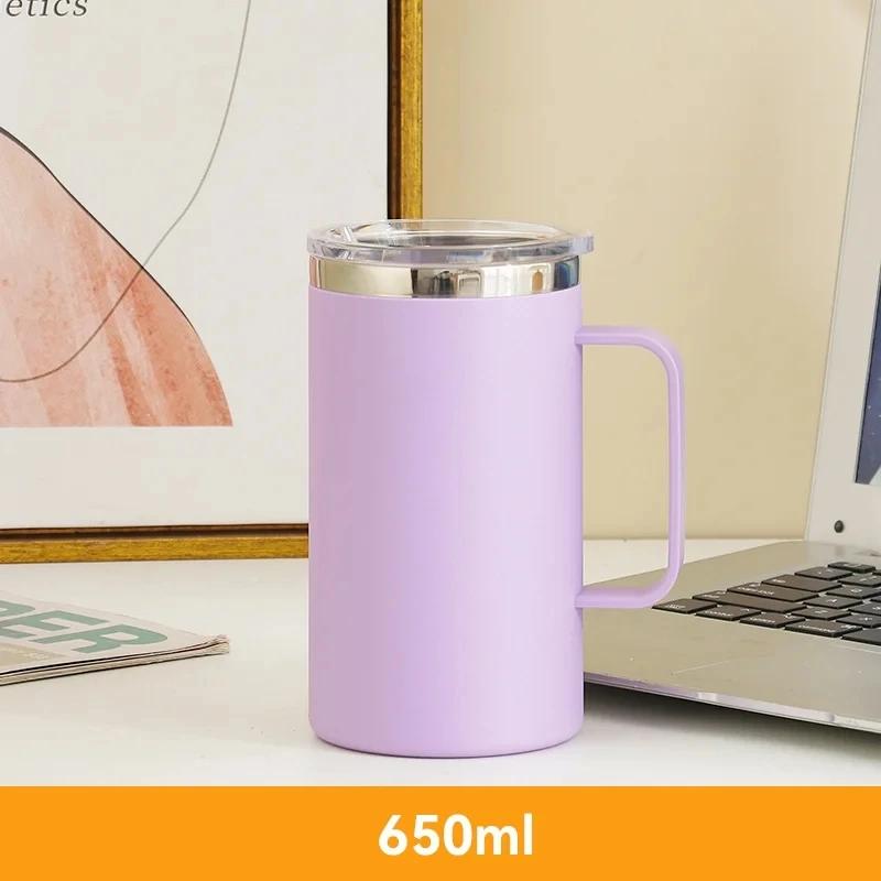 Stainless Steel Water Bottle Protable with Plastic Lid and Handle Double Layers Coffee Milk Cup Insulated Vacuum for Office Work