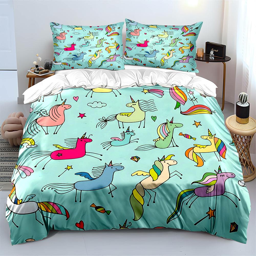 Fun Hand-drawn Unicorns Pattern Bedding Set for Kids Luxury Gift 3pcs Digital Print Comforter Set Soft Comfortable Breathable