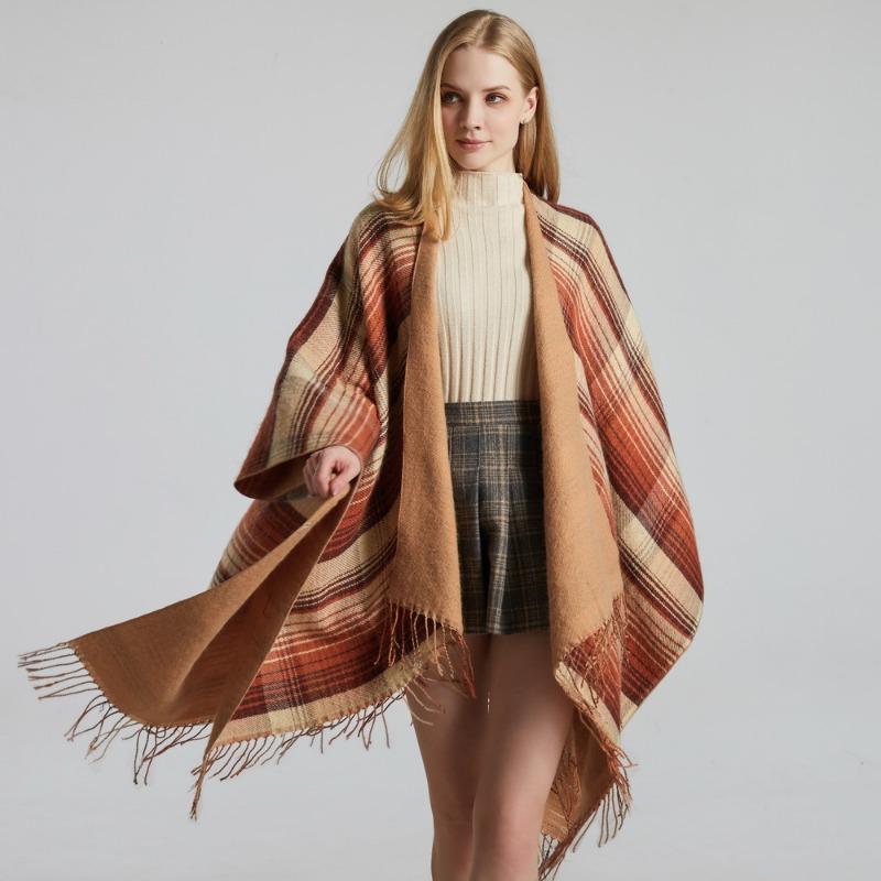 Scottish Classic Plaid Tassel Thick Warm Split Shawl Cape