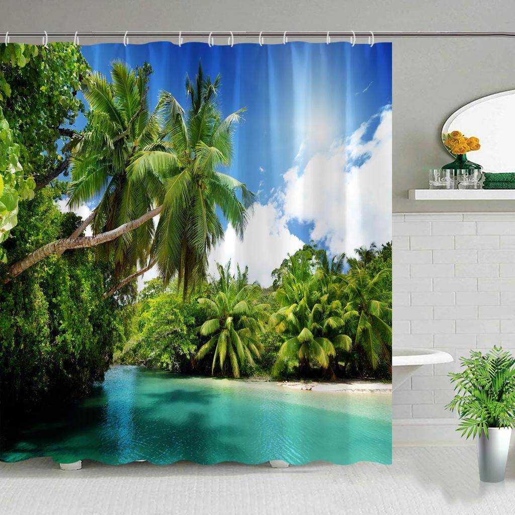 Hawaii Landscape Outdoor Shower Curtain Island Beach Coconut Tropical Ocean Natural Landscape Hanging Curtain Bathroom Decor Set