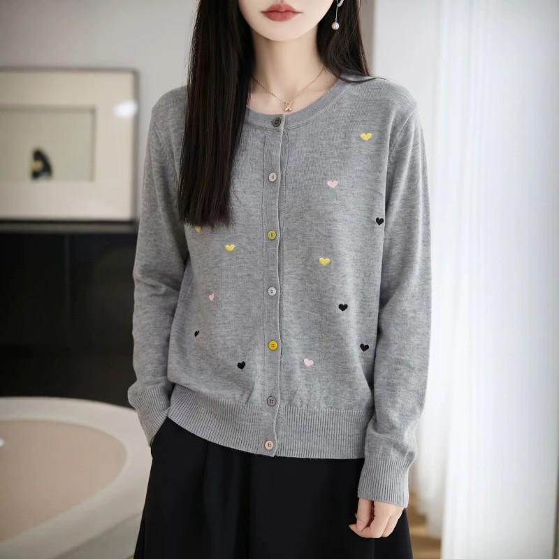 Womens Lightweight Wool Blend Knit Cardigan Sweater Loose Fit Round Neck Colorblock Heart Button Front Fall Winter 2026