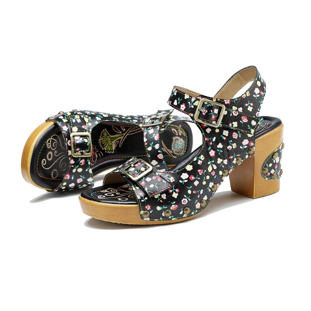 Women's Shoes Genuine Leather Sandals Fashionable And Elegant Embossed Retro Hand Painted High Heel Shoes