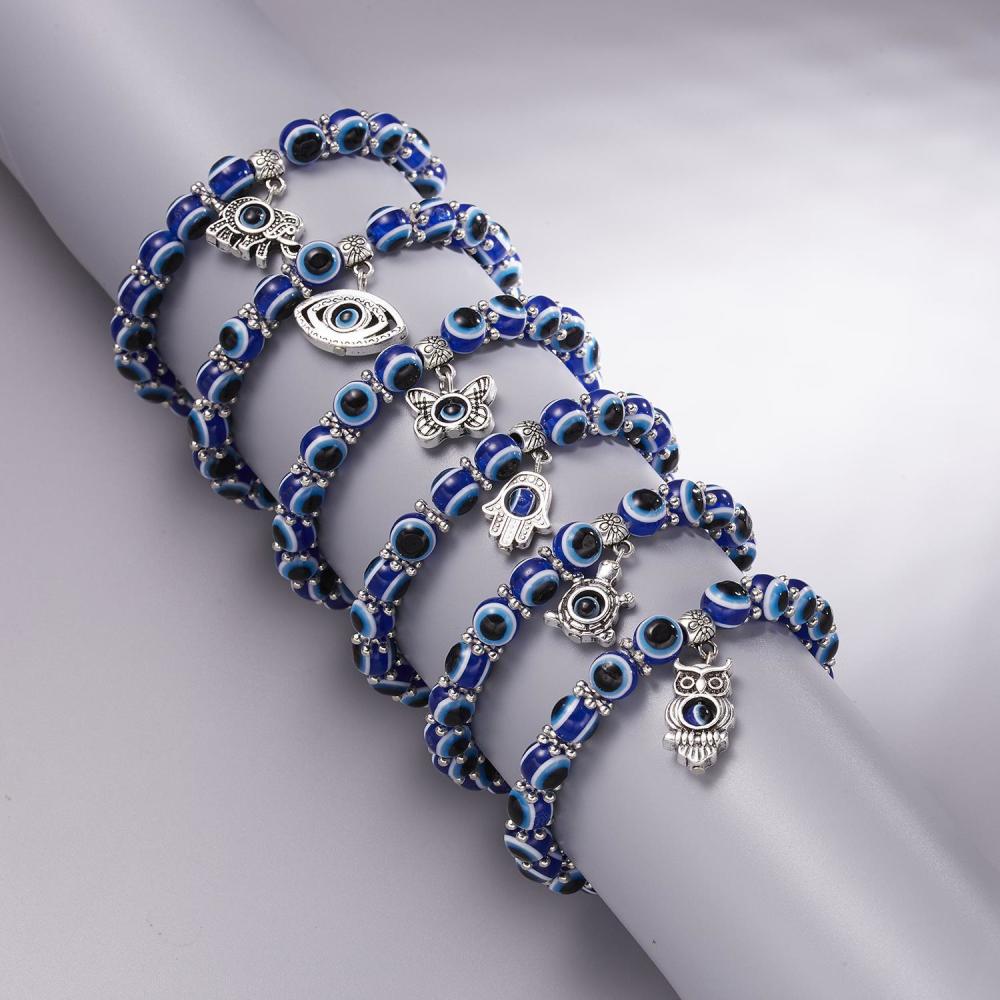 Turkish Lucky Evil Eye Bracelets for Men Women Blue Evil Eye Palm Butterfly Pendant Beads Bracelet Bangle Handmade Charm Jewelry