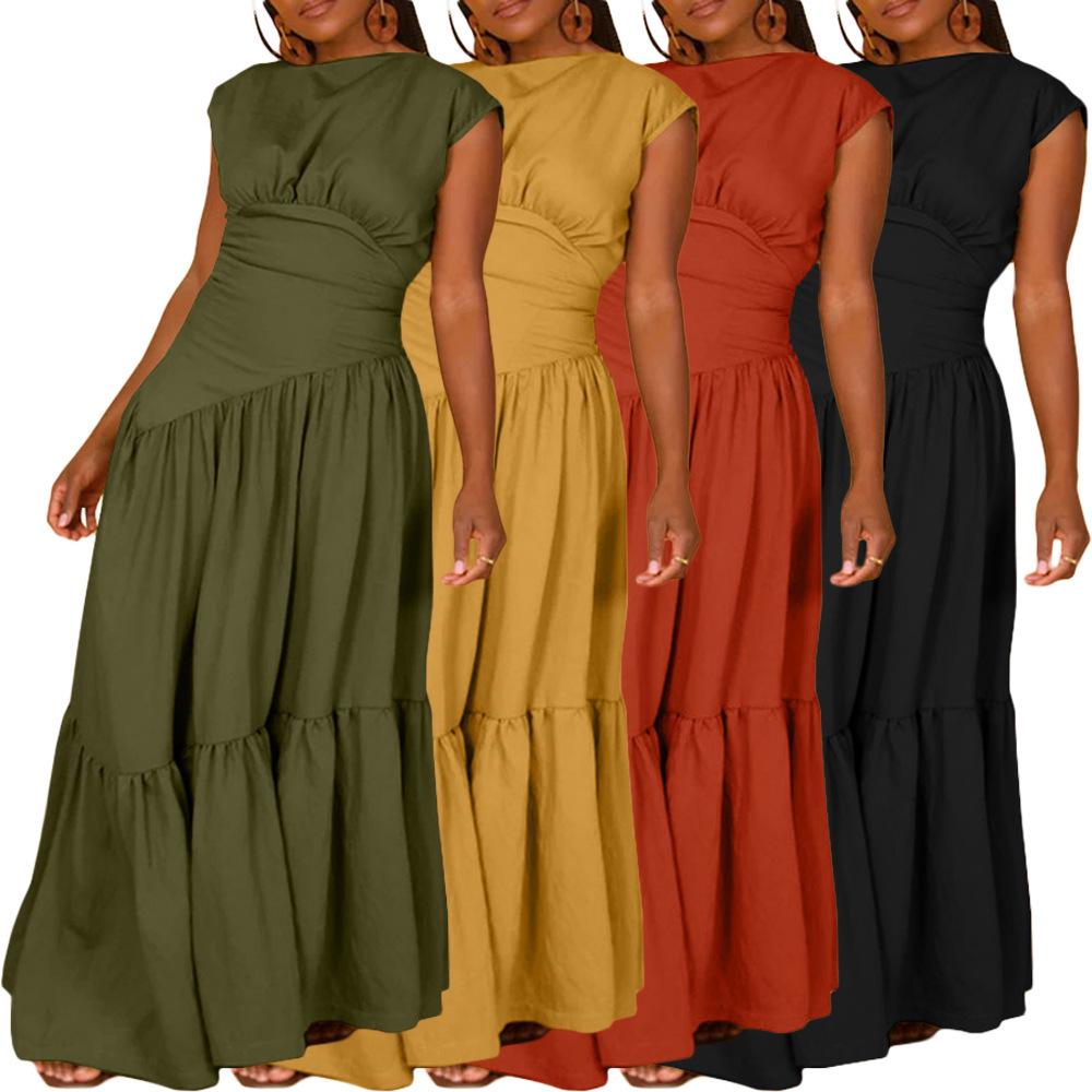 

European & American Women s Solid Color Sleeveless Ruched Nylon Swing Dress XL помаранчевий