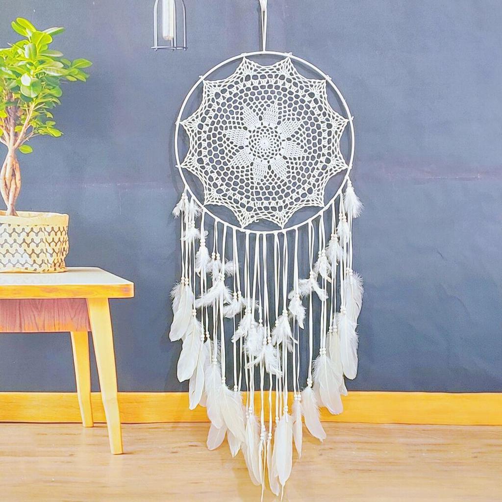 Nordic Feather Wind Chime Dream Catcher: Creative Crochet Hanging Ornament for Home or Wedding Decor.