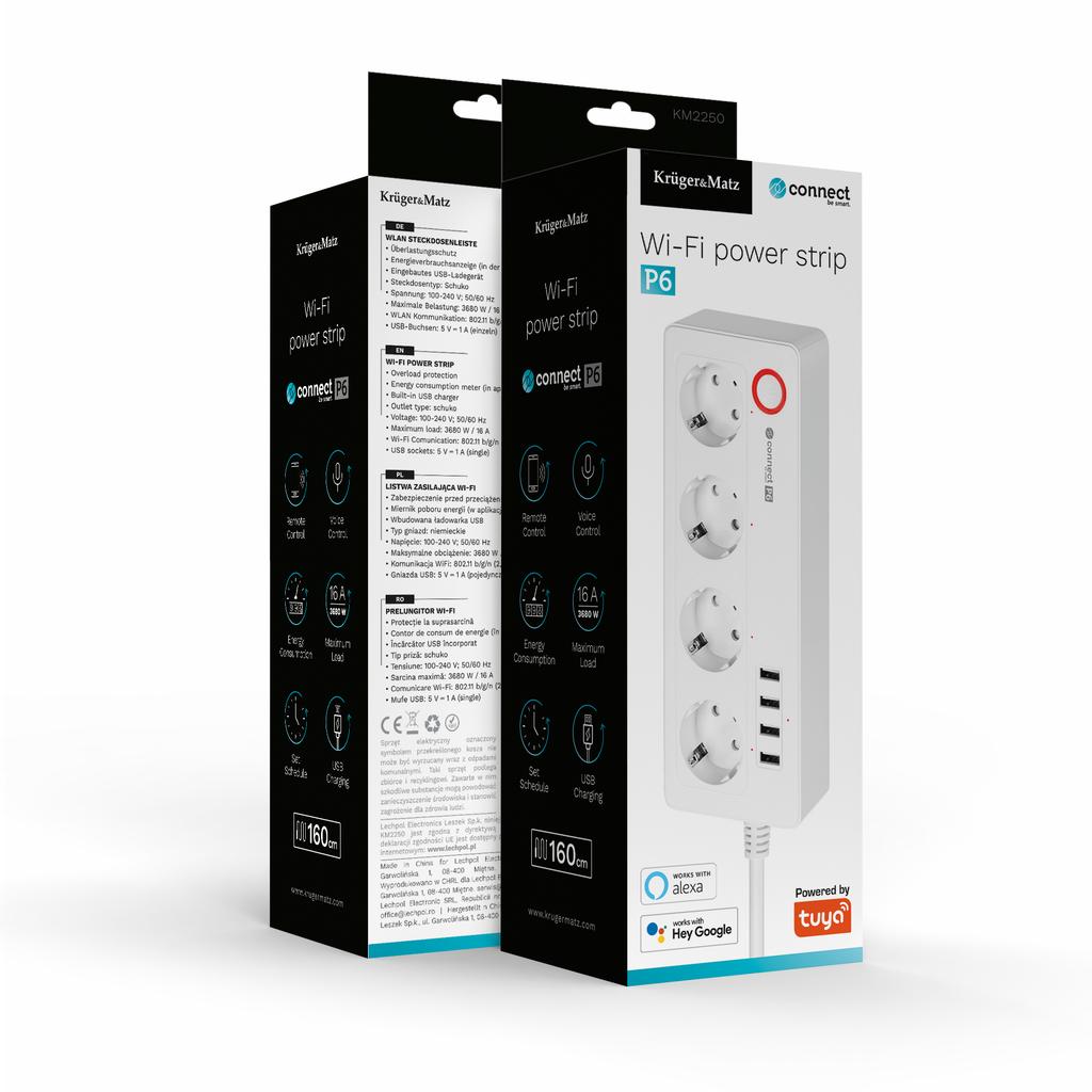 Listwa sieciowa przedłużacz 4 gniazda 4xUSB 2100 mA kabel 1.5 m Tuya