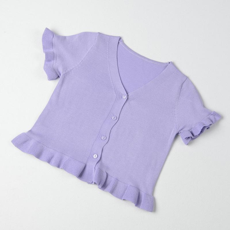 Letní krajkový krátký pletený svetr s výstřihem do V, dámská slim sto krátký kardigan s krátkým rukávem, topy, ležérní základní pohodlný styl, slim fit pulovry, trička