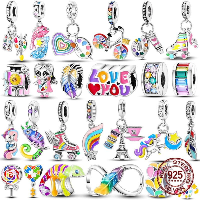 925 Silver Chameleon Charms Bead Colorful Sketchpad Dangle Zirconium Clip for Bracelet Necklace DIY Jewelry