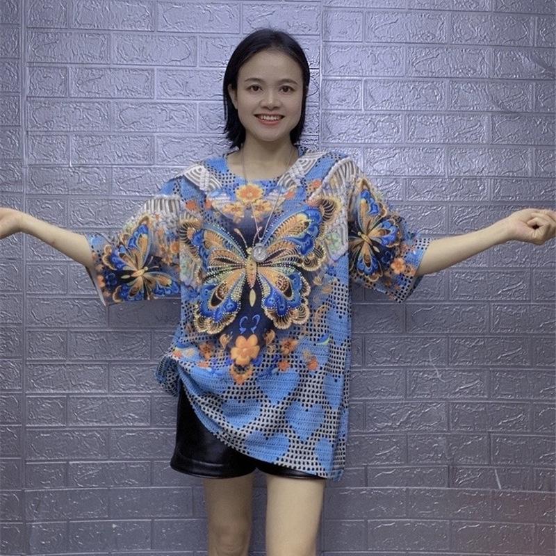 

Трикотаж с коротким рукавом с принтом бабочки, женская свободная футболка большого размера, трендовая, 2025 One Size (fits 42.5-85 kg)