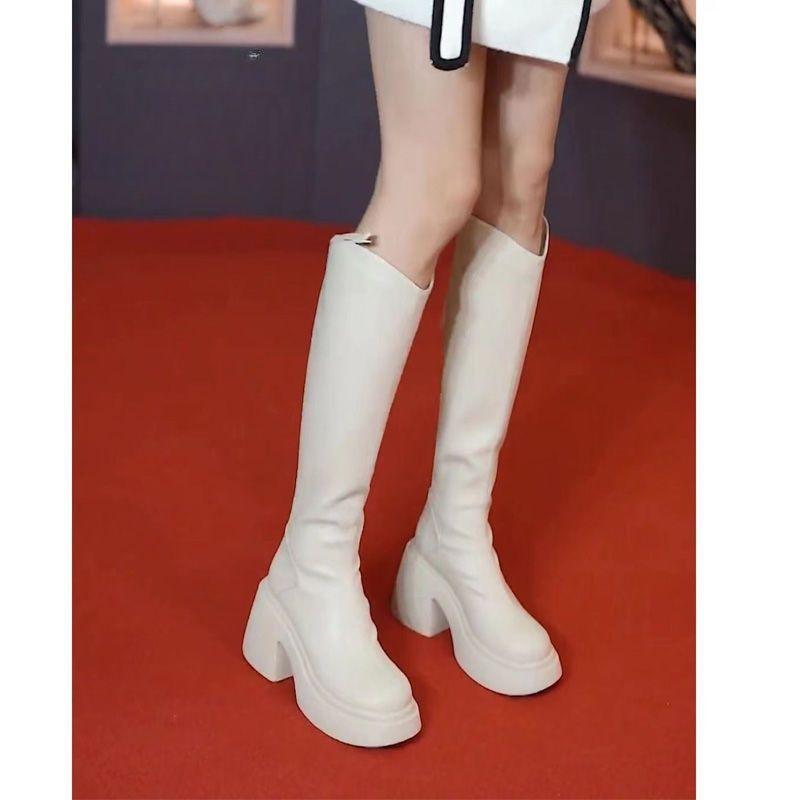 2025 autumn and winter new thick-soled thick-heeled autumn and winter high-heeled cream boots V-mouth but knee boots Knight boots Boots Boots
