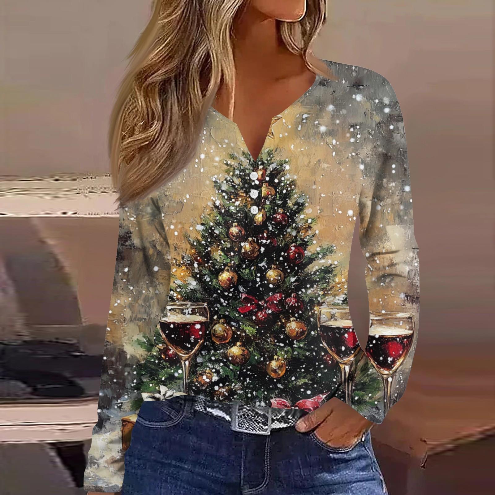 

Женская футболка с рождественским принтом на пуговицах с длинным рукавом, повседневная, выходного дня, модная, базовая, с V-образным вырезом, обычная XXL