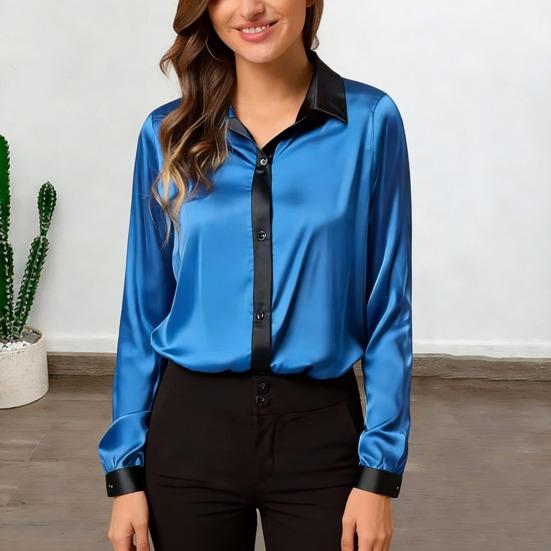Women Shirt Lapel Long Sleeve Satin Texture Breathable Shirt Patchwork Color Loose Fit Office Casual Tops