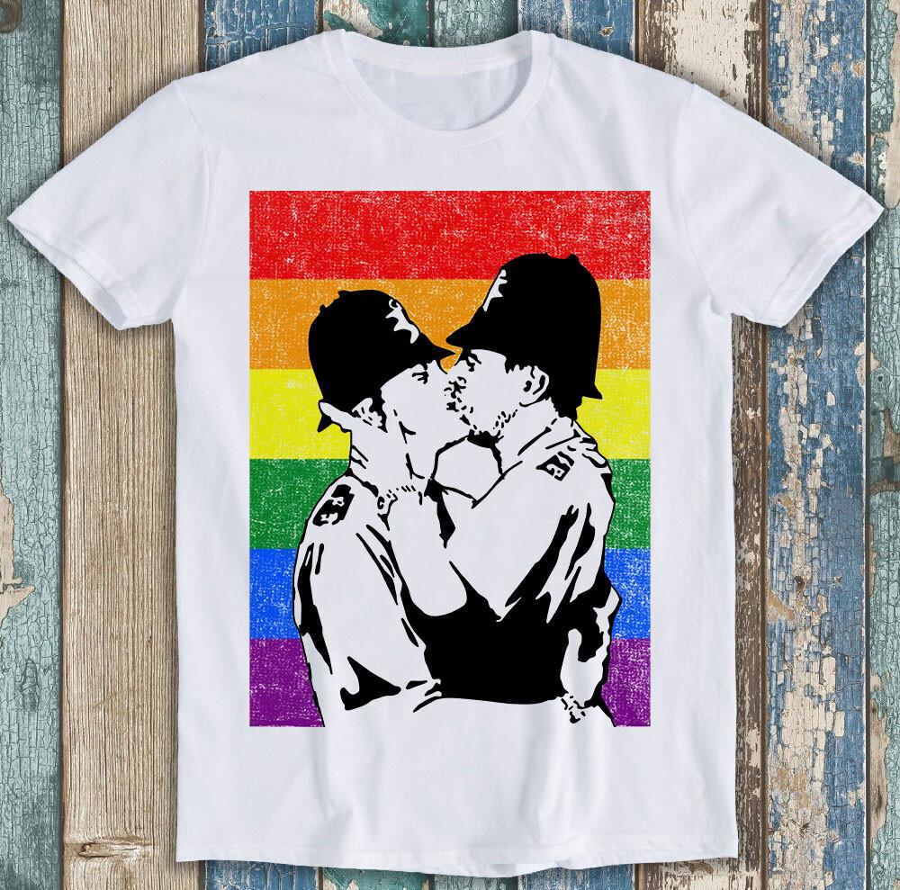 

Banksy LGBT Pride Gay Rainbow Graffiti Police Officers Kissing T Shirt M1516 3XL