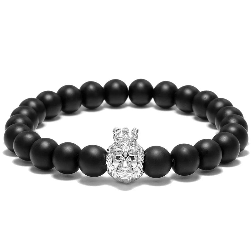 New Pirate Skull Bracelet Men 8mm Black Onyx Beaded Braslet Gothic Wolf Animal Braclet Male Accessories Gift For Boyfriend Joias