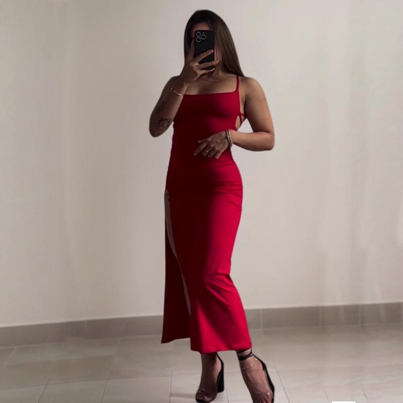 Sexy Backless Lace Up Split High Waist Slim Long Suspender Party Dress For Women