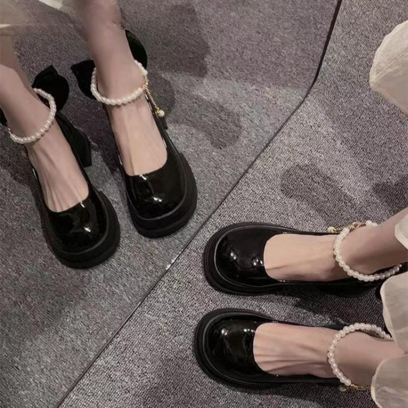 Retro Versatile Mary Jane Women's Shoes Spring and Summer Bow High Heel French Single Shoes Small Leather Shoes