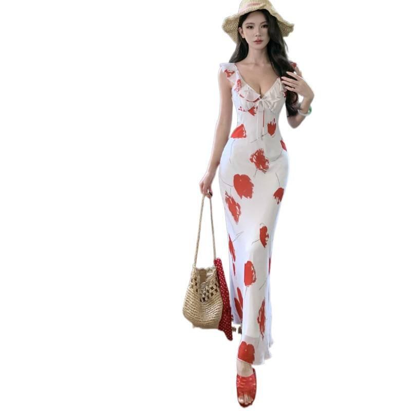 Red Rose Print Collar Chiffon Dress Women's Summer New Design Sense Careful Machine Vacation Long Skirt