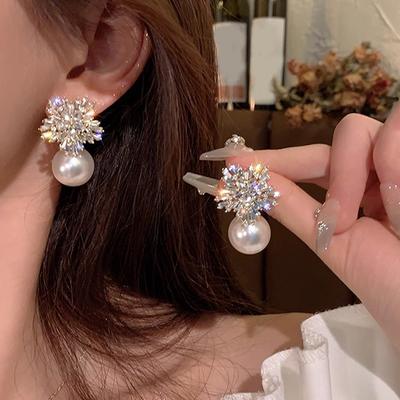 Mode Funkelnde Blume Imitation Perlen Ohrringe Damen Wunderschöne Accessoires Für Hochzeit Verlobung Party Trendiger Schmuck Geschenk