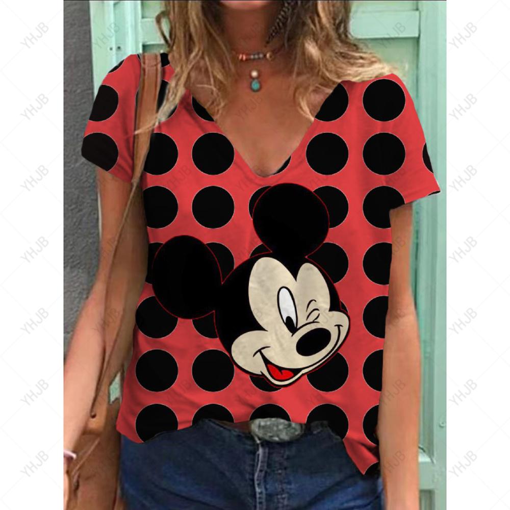 Sommer Ny Mote Dame V-hals Topp Kort Ermet T-skjorte Disney Mikke Mus Trykk Casual Gate Allsidighet Y2K Oversize-5XL