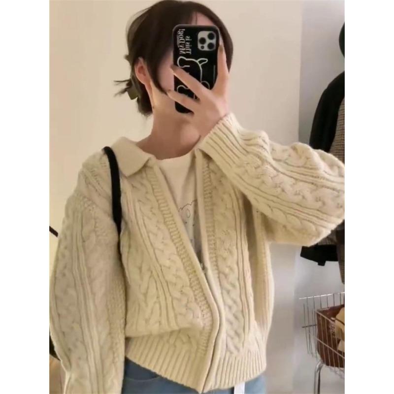 Lapel Twist Zipper Soft Waxy Sweater Jacket Women's Autumn and Winter Retro Thickened Loose Lazy Wind Knitted Cardigan