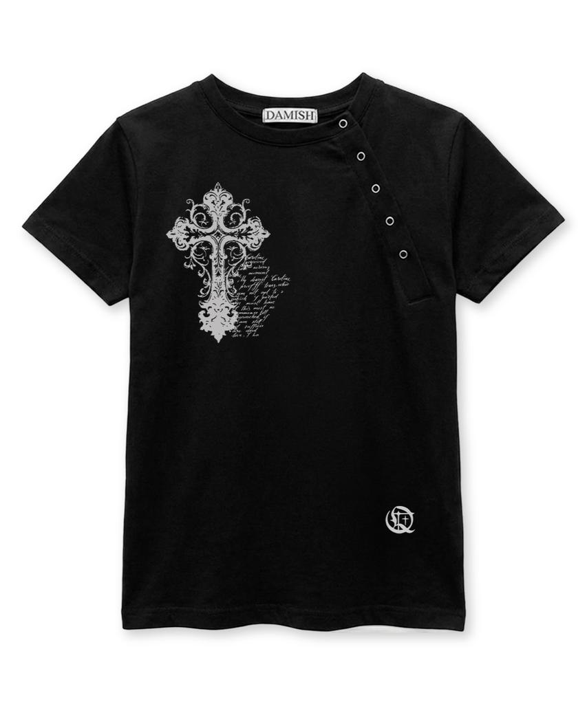 Damiswi Vintage Cross Diagonal Button T-Shirt_Black
