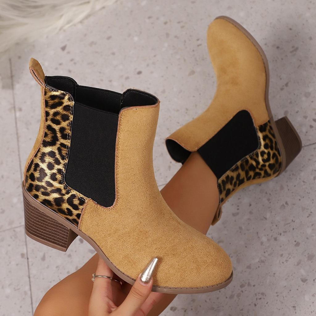 Fashion Leopard Winter Sexy Women Ankle Boots Autumnwinter Female Short Zip Chelsea Boots Retro Round Toe Square Heel Size 36-43