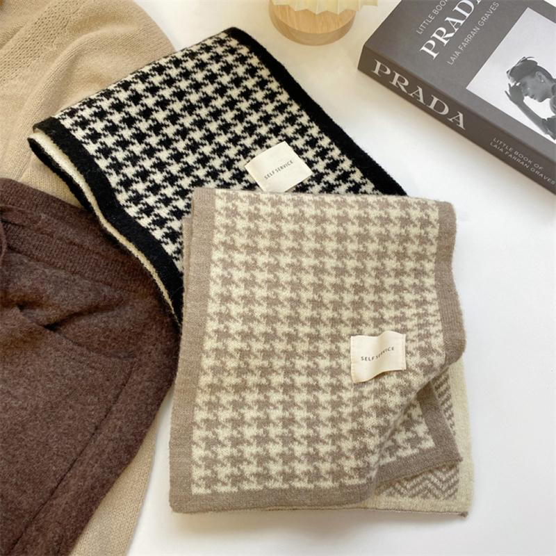 Women Simple Houndstooth Scarf Fashion Classic Winter Warm Knitted Neckerchief Neck Warmer For