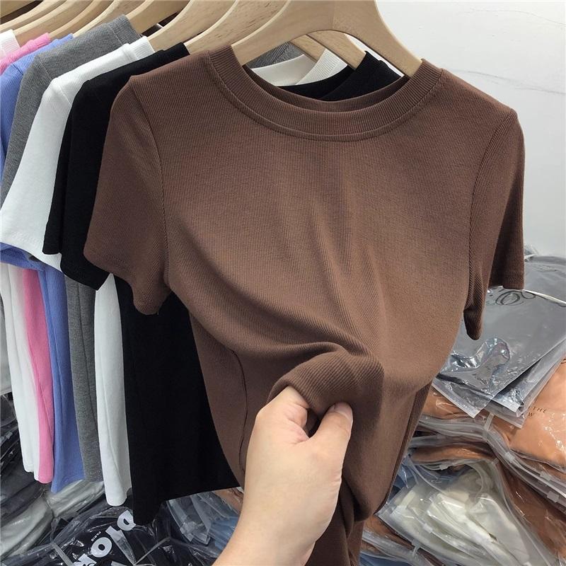 Women's Slim Fit Crew Neck T-shirt Summer New Modal Stretch Short Sleeve Top Solid Color Basic Tee