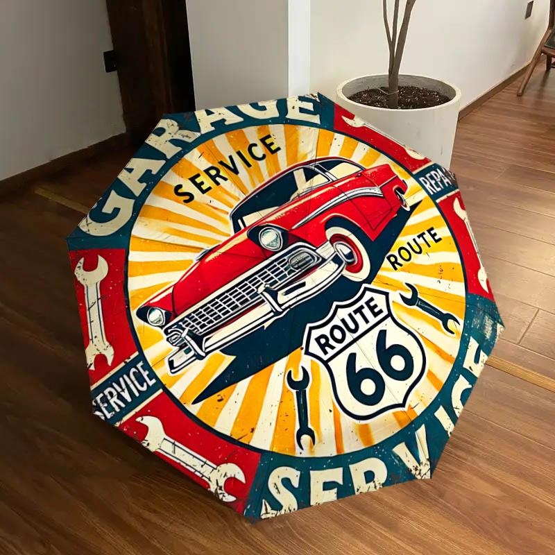 Route 66 Garage Service Repair Wrenches Round Tin Sign - Automatic Opening Umbrella, Portable Folding Design, 8-Bone Iron Frame Outdoor Umbr