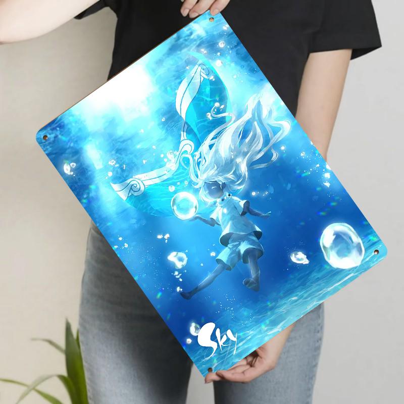Deep Sea Girl with Light Bubbles Art Metal Tin Sign Home Wall Decor Anime Game Peripheral Gift