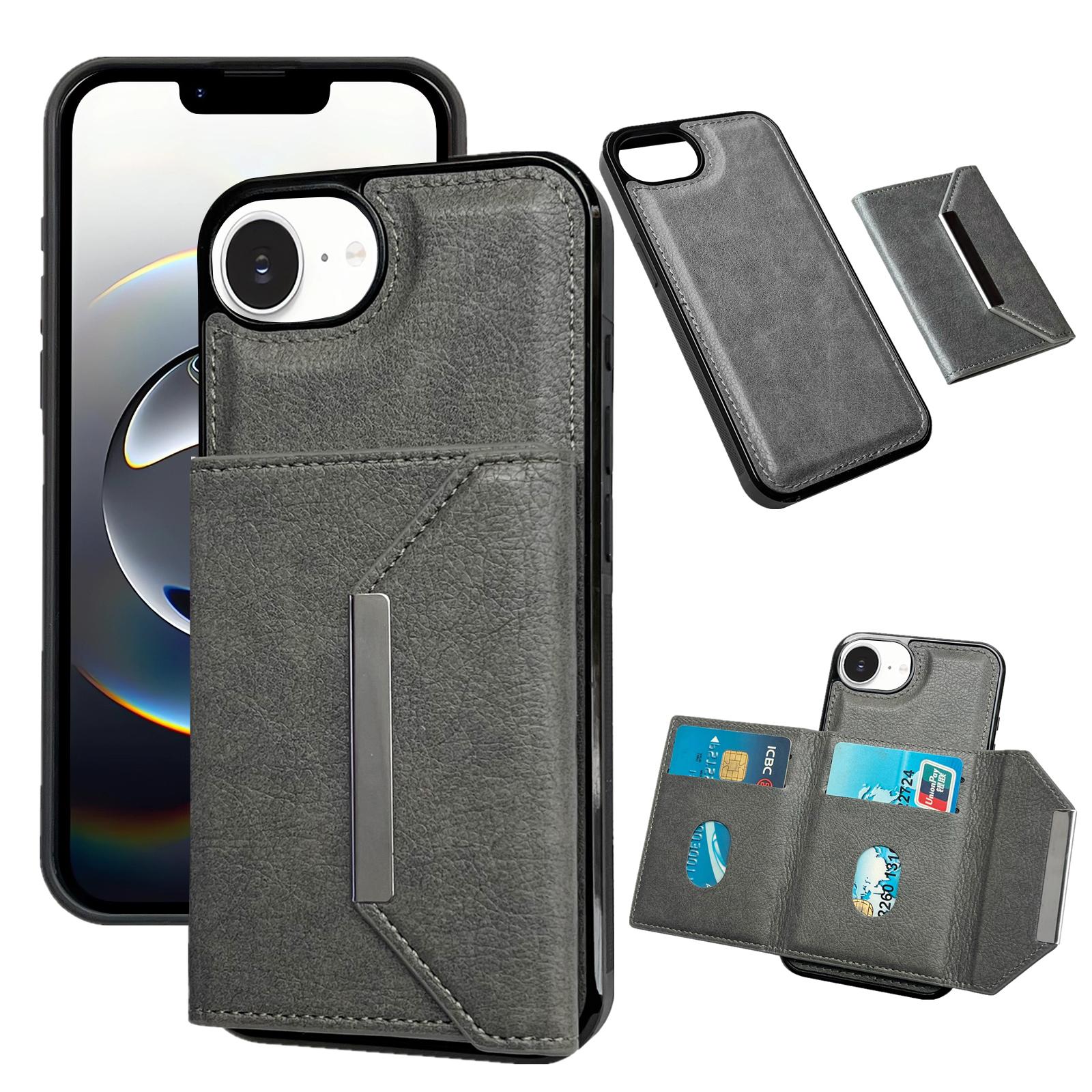 

For iPhone 16e Case Card Bag Kickstand TPU+PU Phone Cover Grey