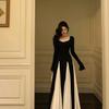 French Elegant Retro Plus Size Color Block Patchwork Dress with Waist-Cinching and Large Hem