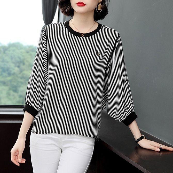 Black White Striped T-shirt Women Summer Loose Korean 3/4 Sleeve Top Round Collar Bottoming Shirt M-4XL