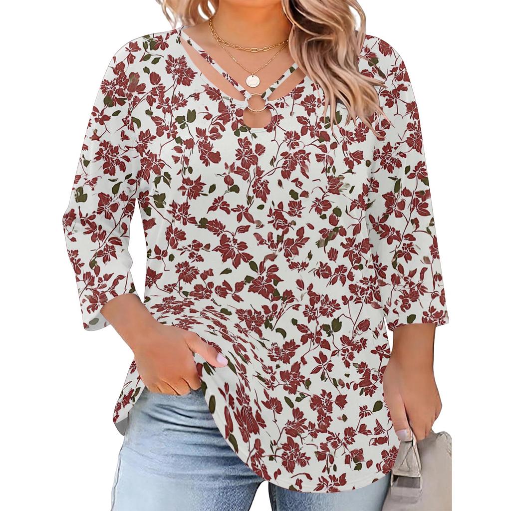 Blusa Floral Feminina Plus Size com Manga Três Quartos, Blusa Casual, Túnica de Corte Amplo para Primavera Verão, Uso Diário, Trabalho e Saídas