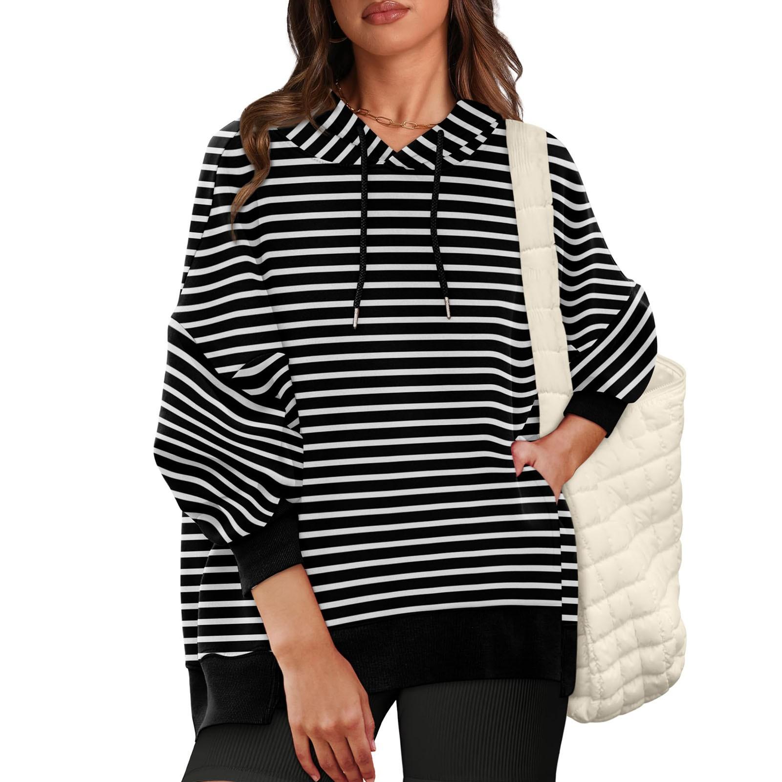 Женская толстовка с круглым вырезом боковой разрез длинный рукав свободный крой толстовка с капюшоном однотонные повседневные топы большого размера M чёрный 3516₽