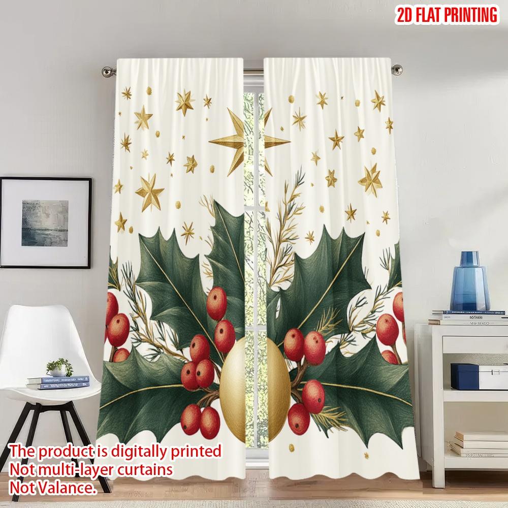 

2pcs 2D flat printing Merry Christmas Curtains Christmas Holly Gold Stars Digital Printed Polyester Drapes Spring Use for Po 100*130 HOOK 1pcs