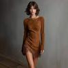 Women’s Figure-hugging Skirt Vintage Western-style Round-neck Fitted Long-sleeved Fringed Faux Suede Dress