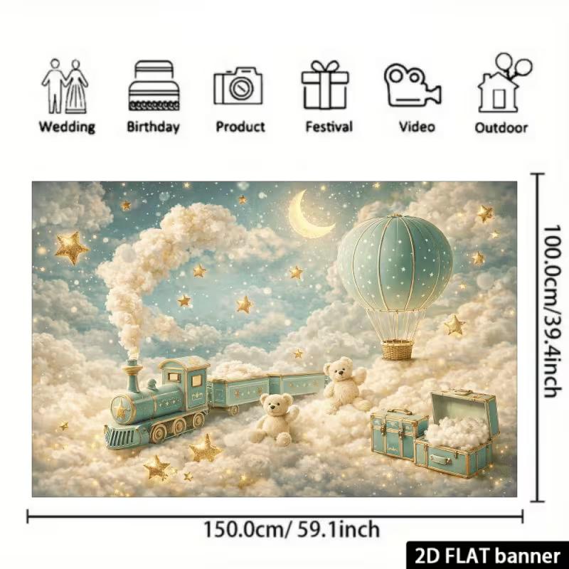 2D Enchanted Nursery Backdrop, Pastel Sky with Train, Balloon and Glitter Stars for Kids Birthday