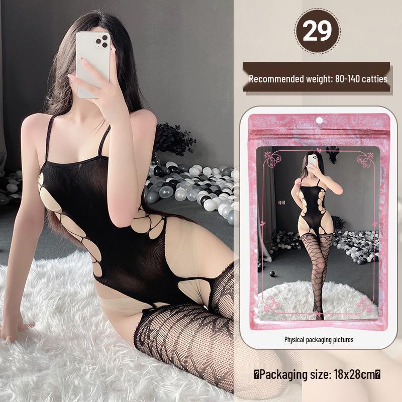 Linlinting Plus Size Sexy See-through Cutout Bodysuit with Open Crotch Stockings Set