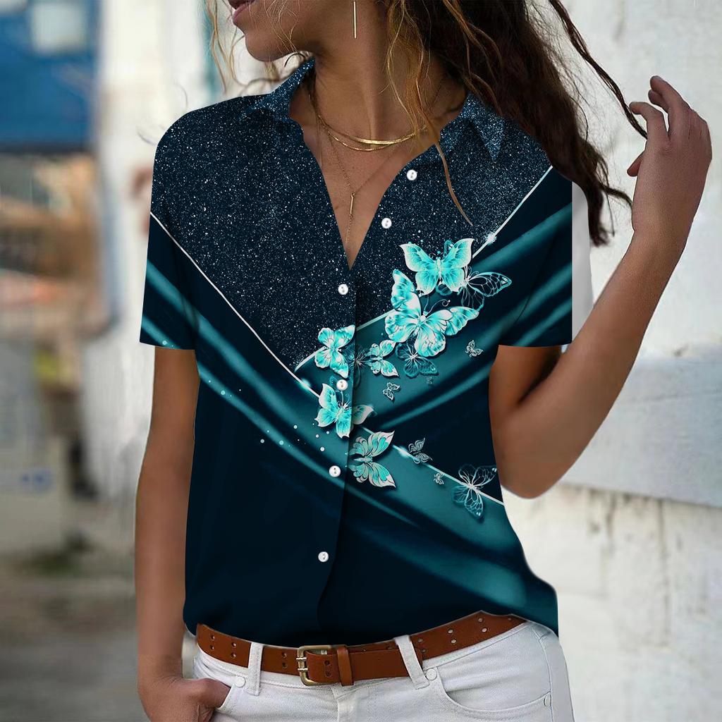 2025 Sommer Neue Mode Damen Schmetterling Bedruckt Kurzarm V-Ausschnitt Lässig Knopfleiste Hemd Top