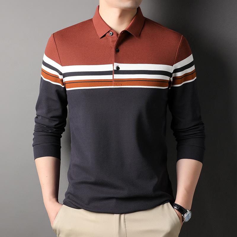 Autumn New Men's Lapel Fashion Simple Color Polo Shirt Men's Striped Long-sleeved Cotton T-shirt