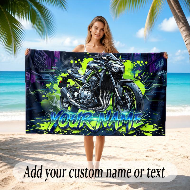 Motorcycle Biker Theme Quick Dry Beach Towel Custom Name Text Print Large Sand Resistant Towel Beach Vacation
