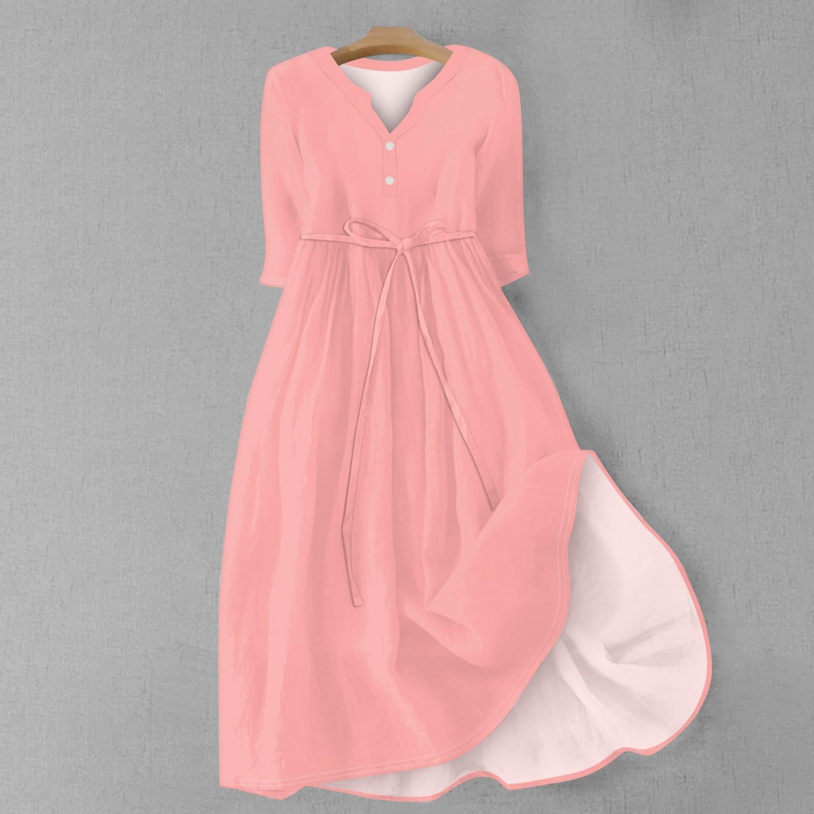 

Женская мода повседневное однотонное платье с v-образным вырезом и рукавами 3/4 на бретельках XXXL розовый