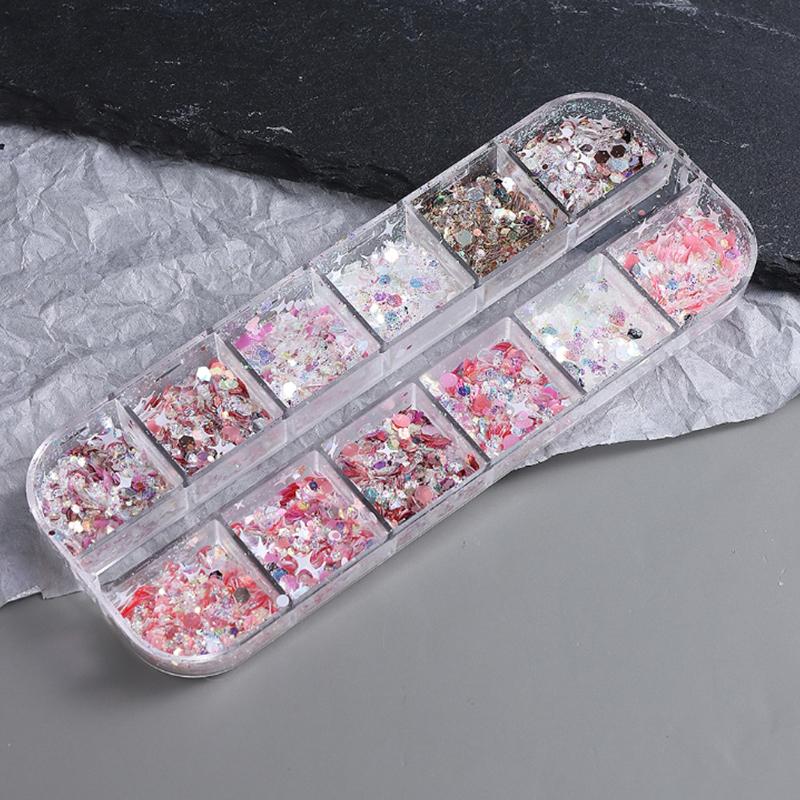 Glitter Sequin Mixed 12 Grids Star Heart Shape Colorful Nail Sequins For Sparkling Shaker Nail Art Flakies Paillette Manicure