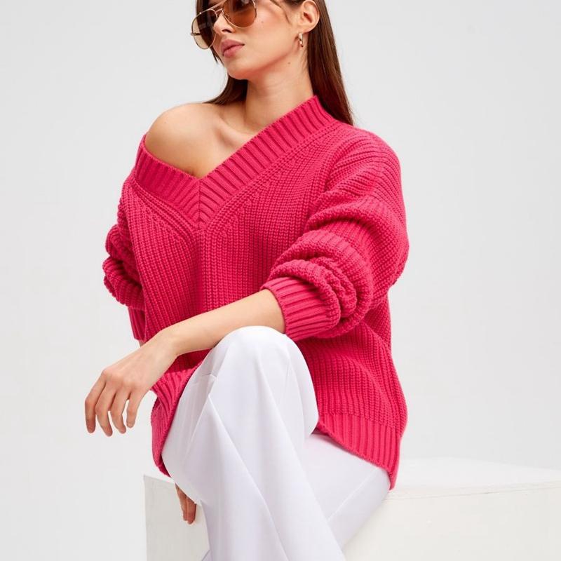 Damski sweter jesienno-zimowy z dekoltem w szpic, w jednolitym kolorze, z długim rękawem, luźnym, dzianinowym swetrem na wszystkie mecze