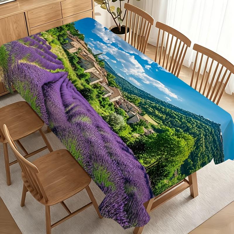 Lavender Fields Village Tablecloth with Purple Blooms And Green Foliage, Durable Polyester, No Electricity Needed, Perfect for Outdoor Picnic And Kitc
