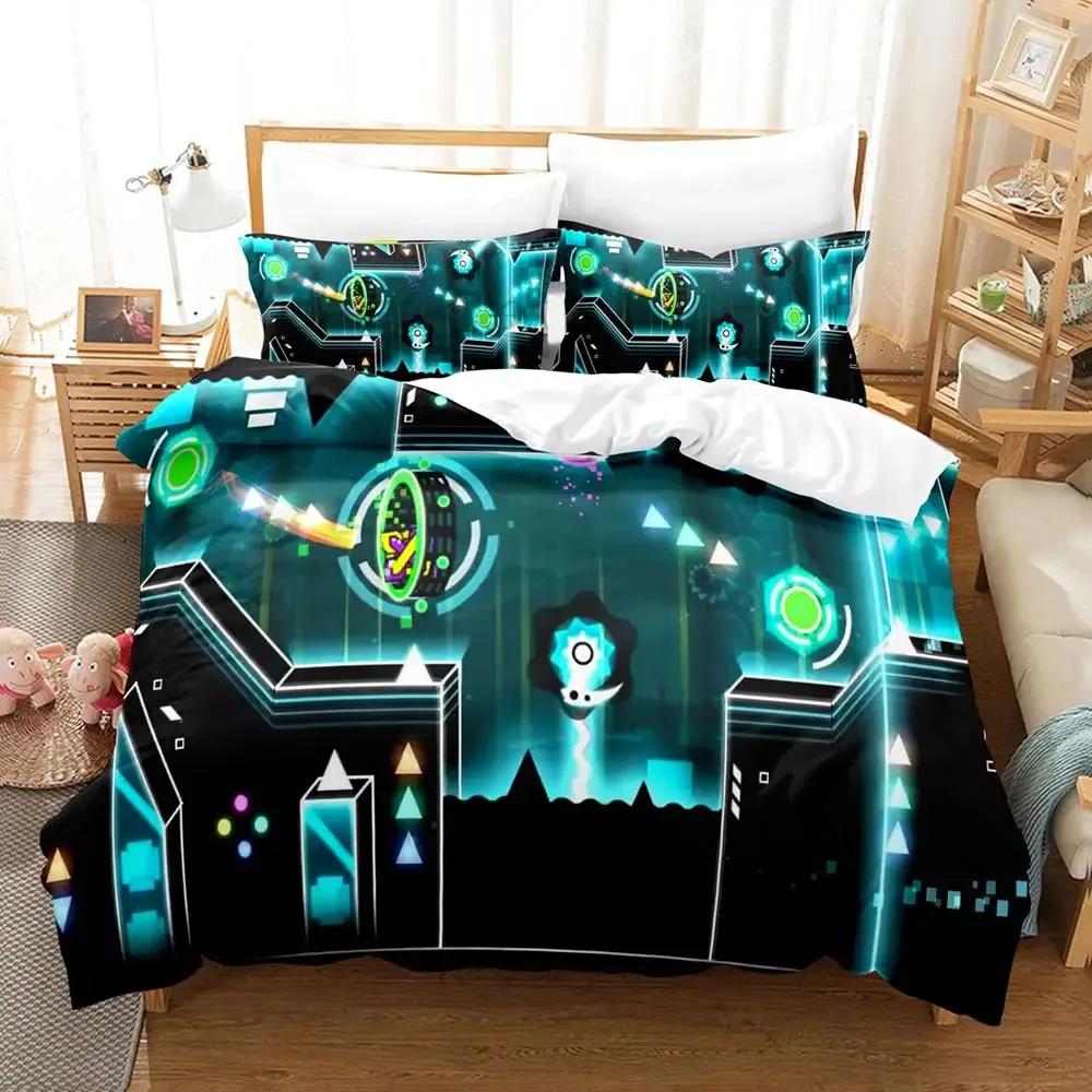 Angry Geometry Dash 3D Printed Cartoon Duvet Cover Set For Kids Bedroom Single Double Queen King Size Quilt Cover Pillowcase