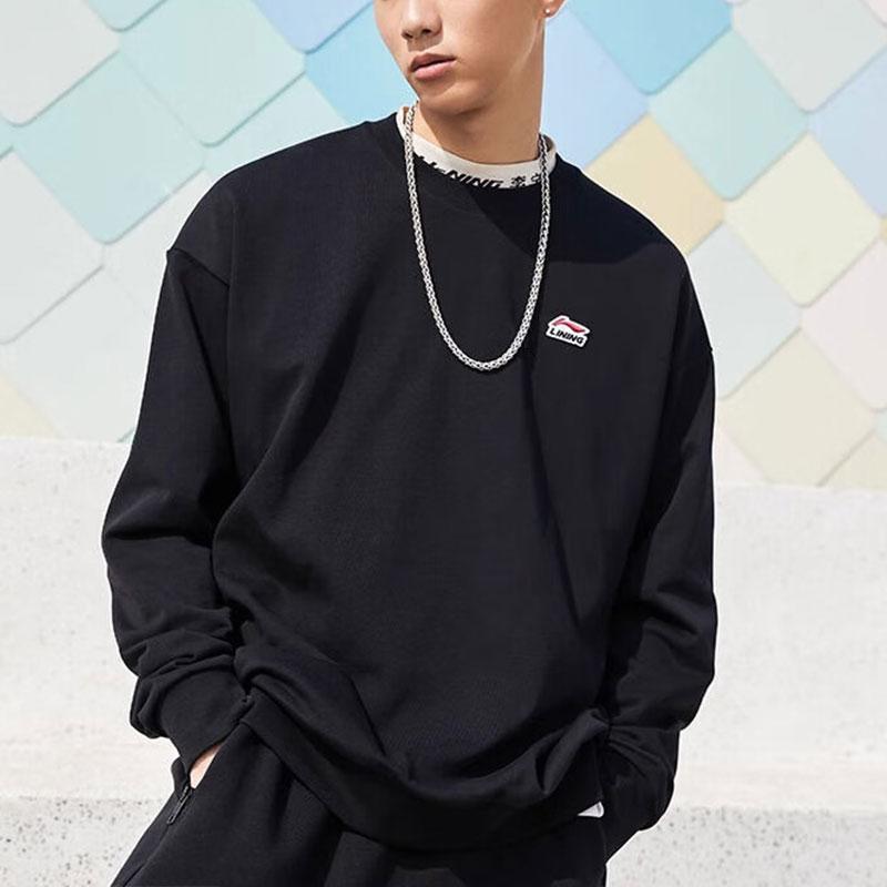 Li-Ning Solid Color Crew Neck Pullover Sweatshirt And Cuffed Knit Sports Pants Set Men Sweatshirt And Pants Set Black AWDTC19-1+AKLQ977-1